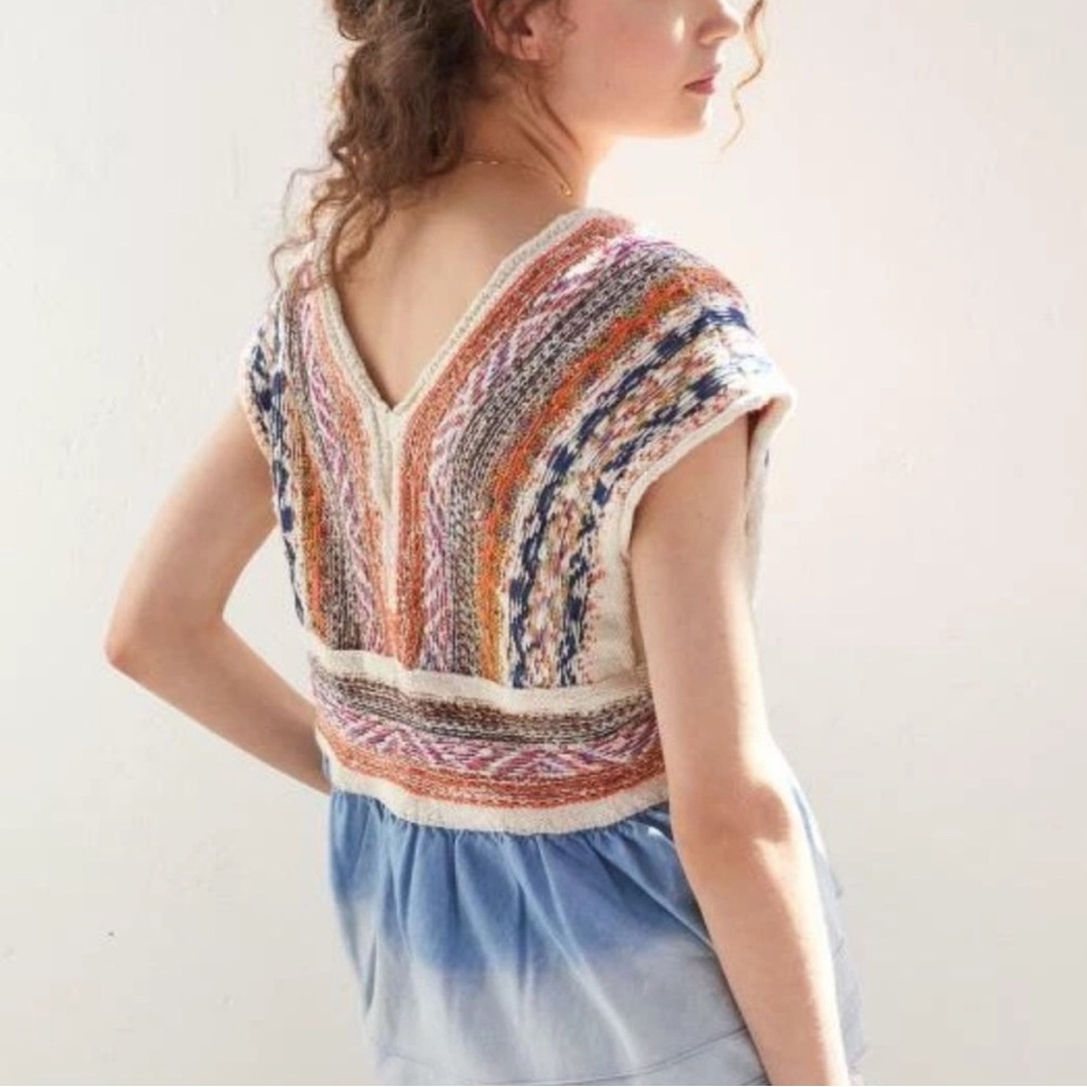 Anthropologie Pilcro knit peplum with chambray flounce so small - Picture 2 of 6